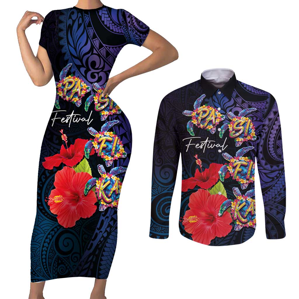 Pasifika Festival Couples Matching Short Sleeve Bodycon Dress and Long Sleeve Button Shirt Plumeria Turtles with Hibiscus - Polynesian Art Tattoo Dark Navy Color