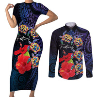 Pasifika Festival Couples Matching Short Sleeve Bodycon Dress and Long Sleeve Button Shirt Plumeria Turtles with Hibiscus - Polynesian Art Tattoo Dark Navy Color