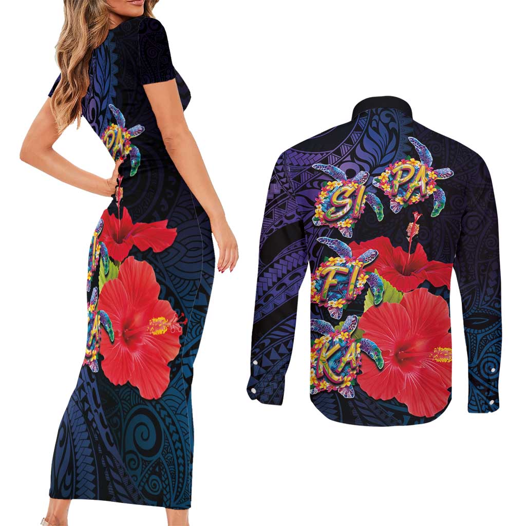 Pasifika Festival Couples Matching Short Sleeve Bodycon Dress and Long Sleeve Button Shirt Plumeria Turtles with Hibiscus - Polynesian Art Tattoo Dark Navy Color