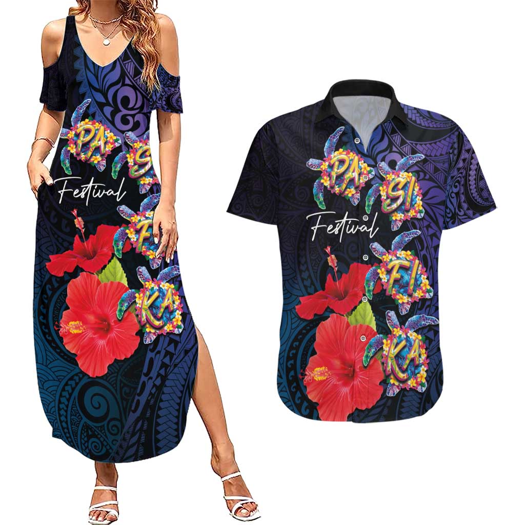 Pasifika Festival Couples Matching Summer Maxi Dress and Hawaiian Shirt Plumeria Turtles with Hibiscus - Polynesian Art Tattoo Dark Navy Color