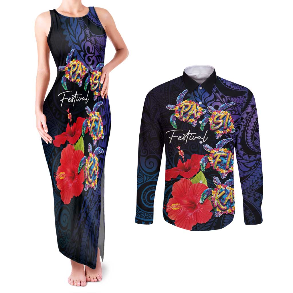 Pasifika Festival Couples Matching Tank Maxi Dress and Long Sleeve Button Shirt Plumeria Turtles with Hibiscus - Polynesian Art Tattoo Dark Navy Color