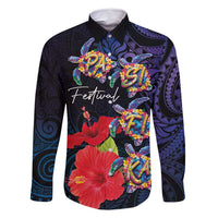 Pasifika Festival Family Matching Long Sleeve Bodycon Dress and Hawaiian Shirt Plumeria Turtles with Hibiscus - Polynesian Art Tattoo Dark Navy Color