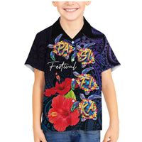 Pasifika Festival Family Matching Mermaid Dress and Hawaiian Shirt Plumeria Turtles with Hibiscus - Polynesian Art Tattoo Dark Navy Color