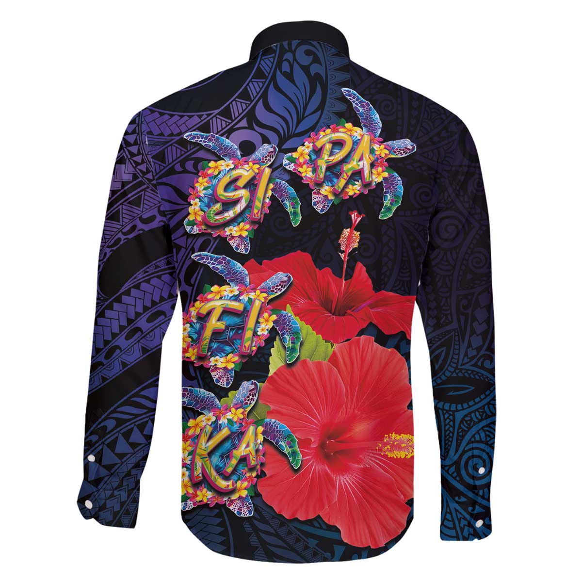 Pasifika Festival Family Matching Off The Shoulder Long Sleeve Dress and Hawaiian Shirt Plumeria Turtles with Hibiscus - Polynesian Art Tattoo Dark Navy Color