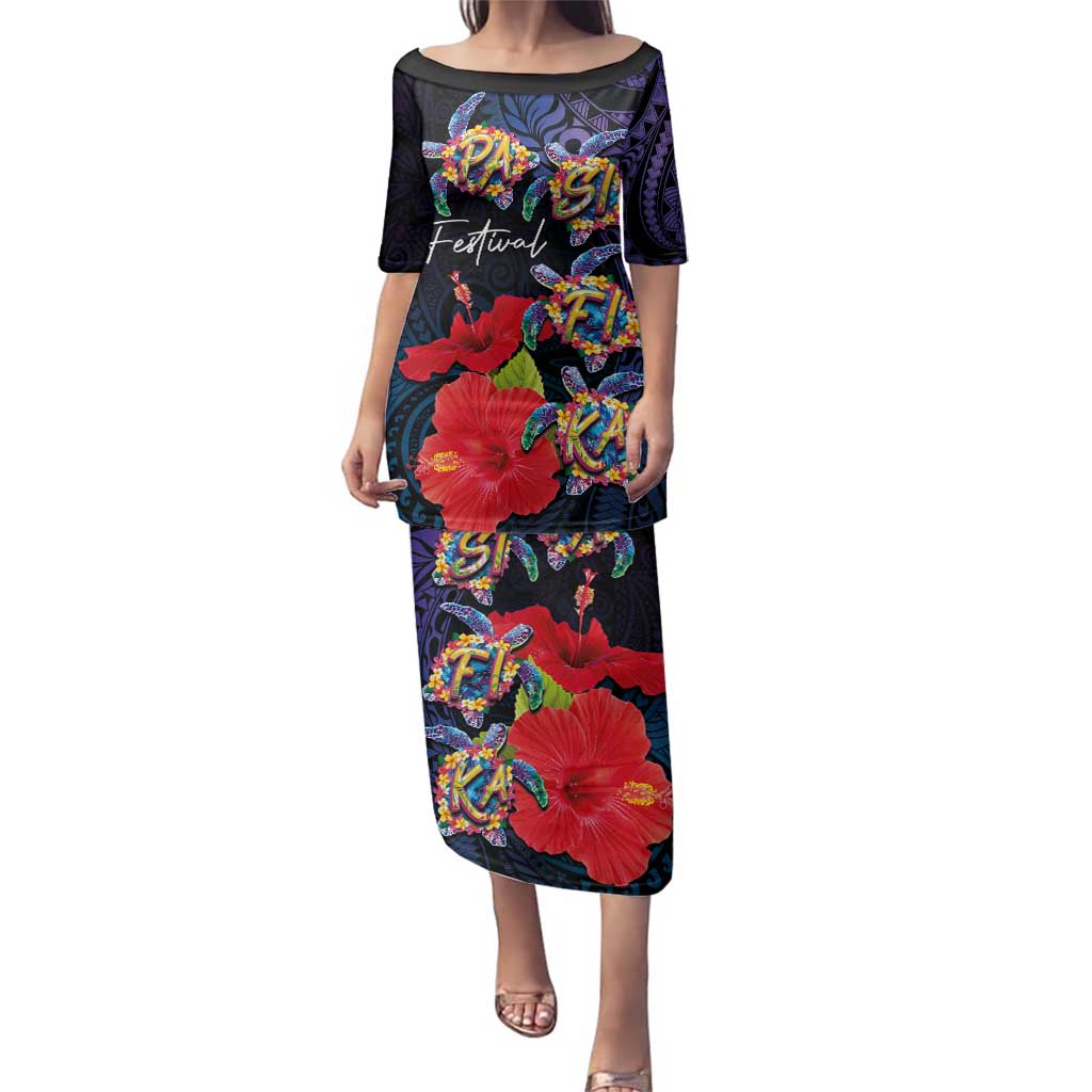 Pasifika Festival Family Matching Puletasi and Hawaiian Shirt Plumeria Turtles with Hibiscus - Polynesian Art Tattoo Dark Navy Color