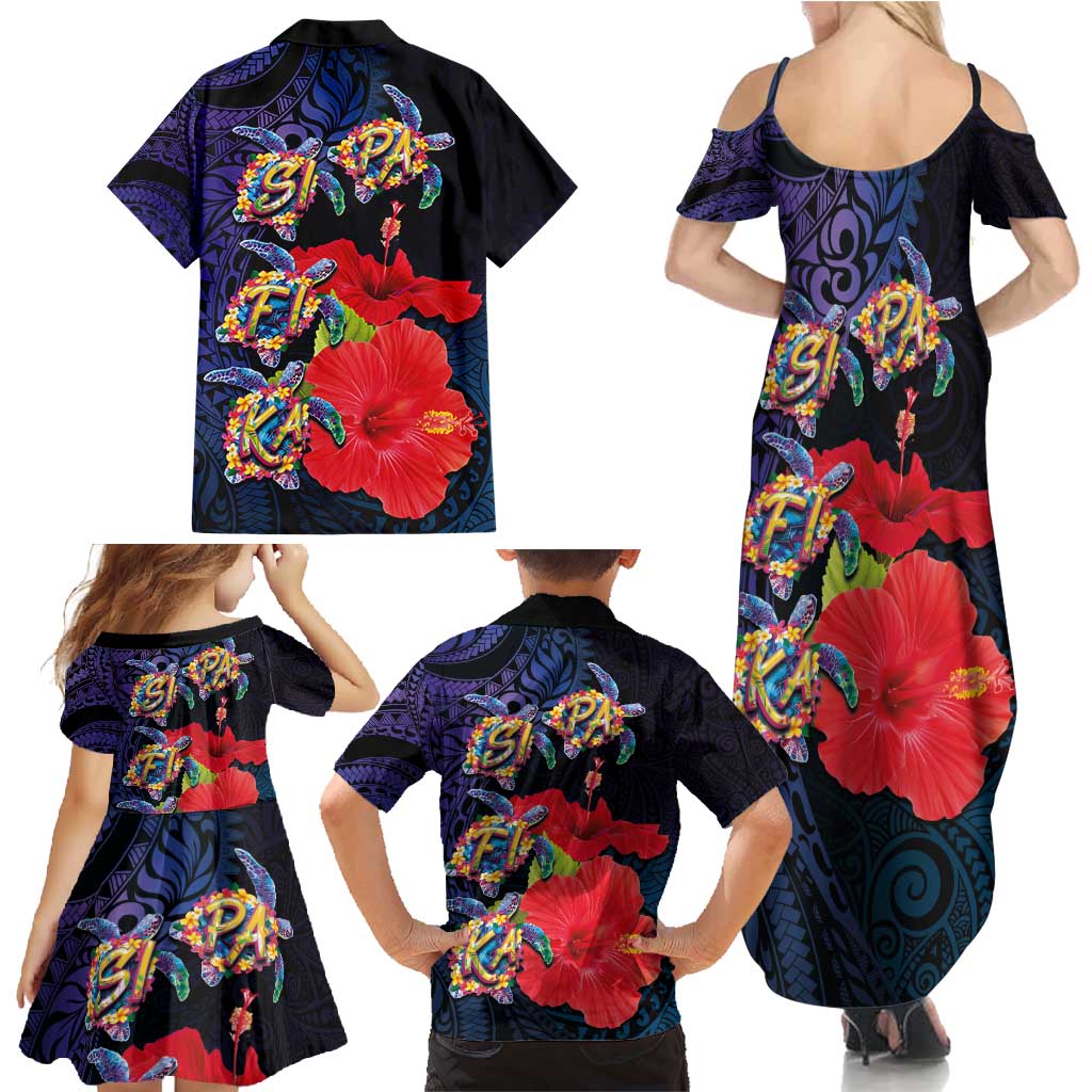 Pasifika Festival Family Matching Summer Maxi Dress and Hawaiian Shirt Plumeria Turtles with Hibiscus - Polynesian Art Tattoo Dark Navy Color
