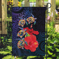 Pasifika Festival Garden Flag Plumeria Turtles with Hibiscus - Polynesian Art Tattoo Dark Navy Color