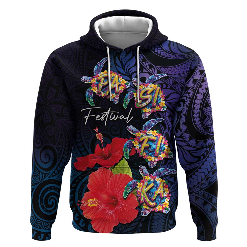 Pasifika Festival Hoodie Plumeria Turtles with Hibiscus - Polynesian Art Tattoo Dark Navy Color