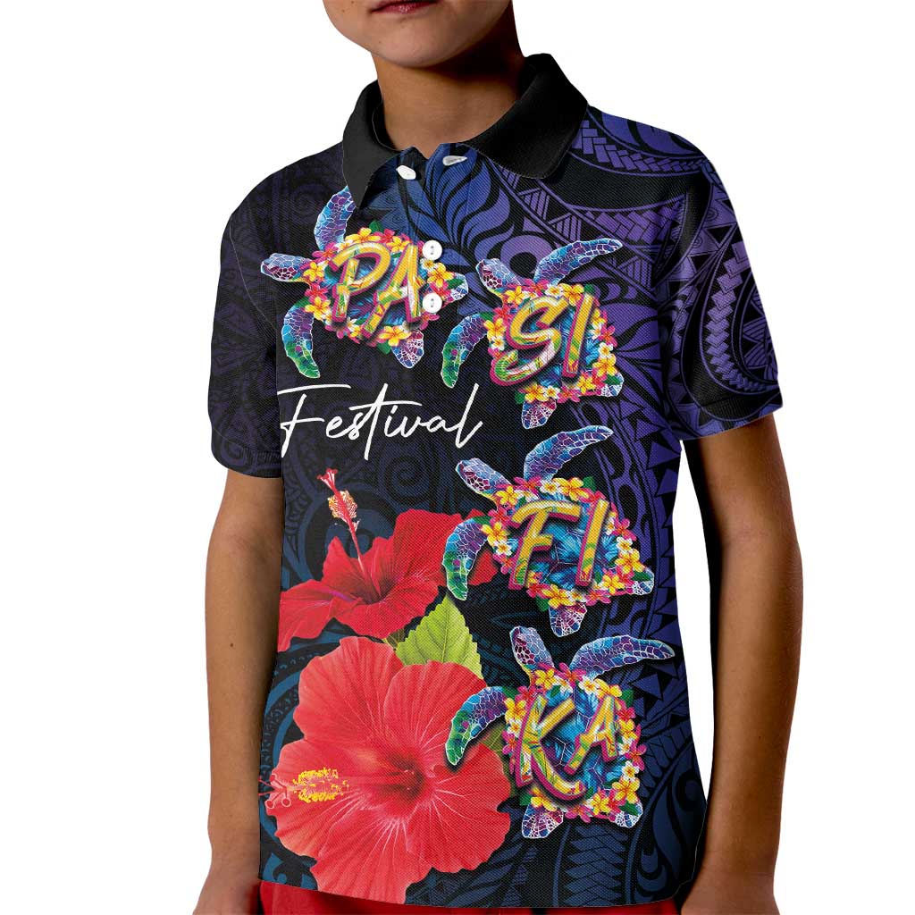 Pasifika Festival Kid Polo Shirt Plumeria Turtles with Hibiscus - Polynesian Art Tattoo Dark Navy Color