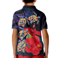 Pasifika Festival Kid Polo Shirt Plumeria Turtles with Hibiscus - Polynesian Art Tattoo Dark Navy Color