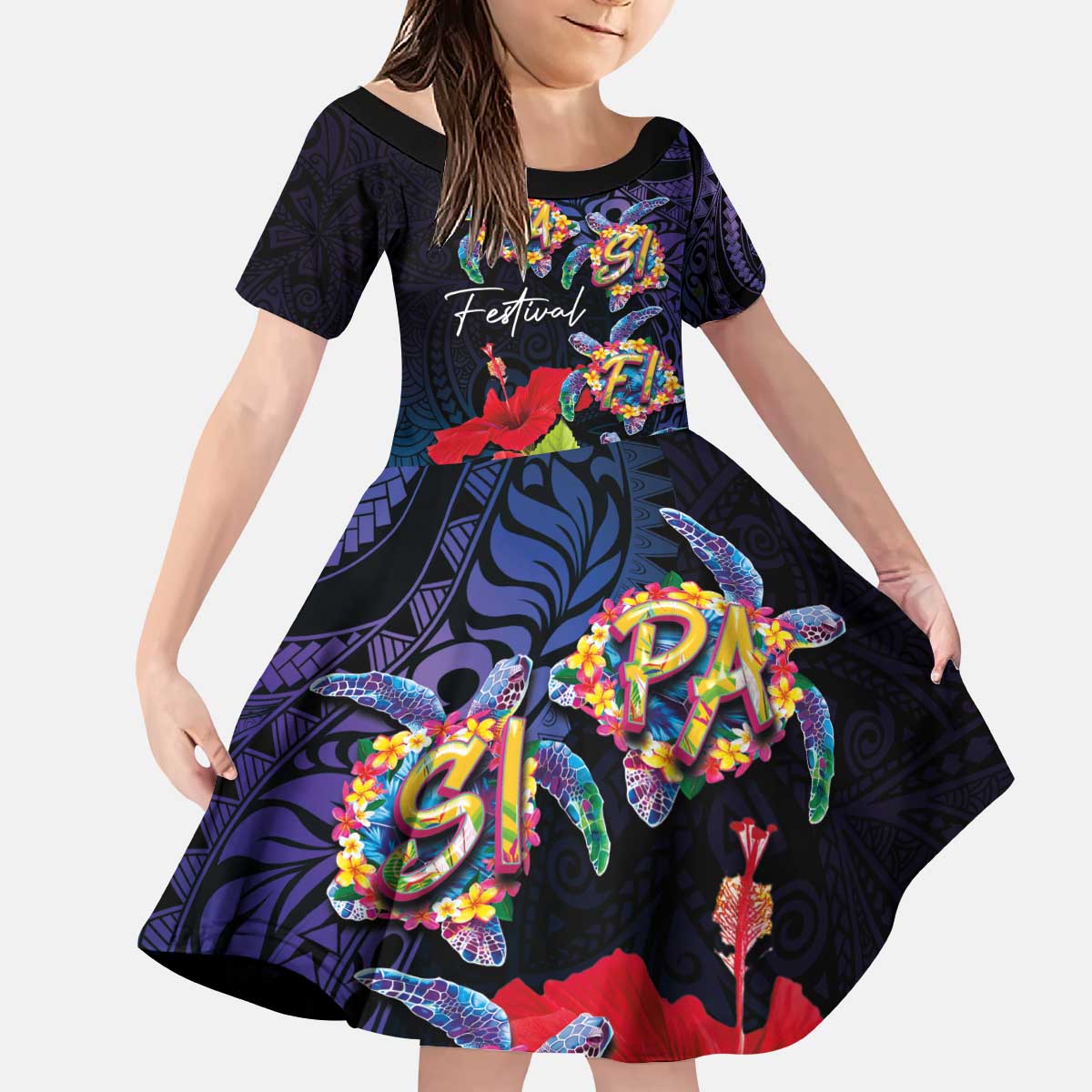 Pasifika Festival Kid Short Sleeve Dress Plumeria Turtles with Hibiscus - Polynesian Art Tattoo Dark Navy Color
