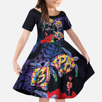 Pasifika Festival Kid Short Sleeve Dress Plumeria Turtles with Hibiscus - Polynesian Art Tattoo Dark Navy Color LT03 KID Dark Navy - Polynesian Pride