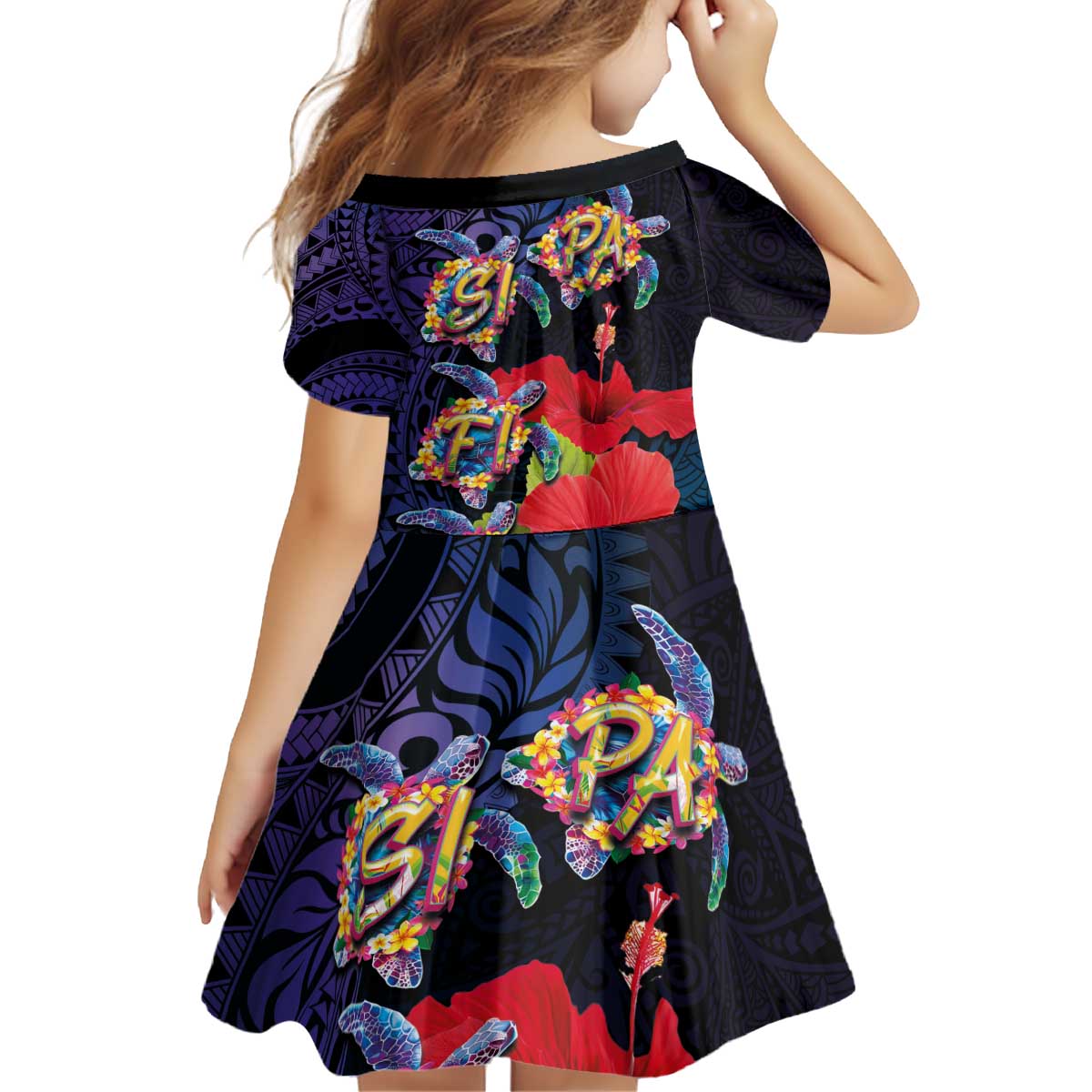 Pasifika Festival Kid Short Sleeve Dress Plumeria Turtles with Hibiscus - Polynesian Art Tattoo Dark Navy Color LT03 - Polynesian Pride