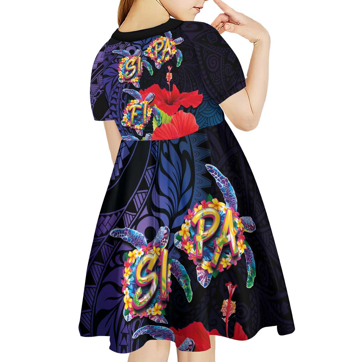 Pasifika Festival Kid Short Sleeve Dress Plumeria Turtles with Hibiscus - Polynesian Art Tattoo Dark Navy Color LT03 - Polynesian Pride