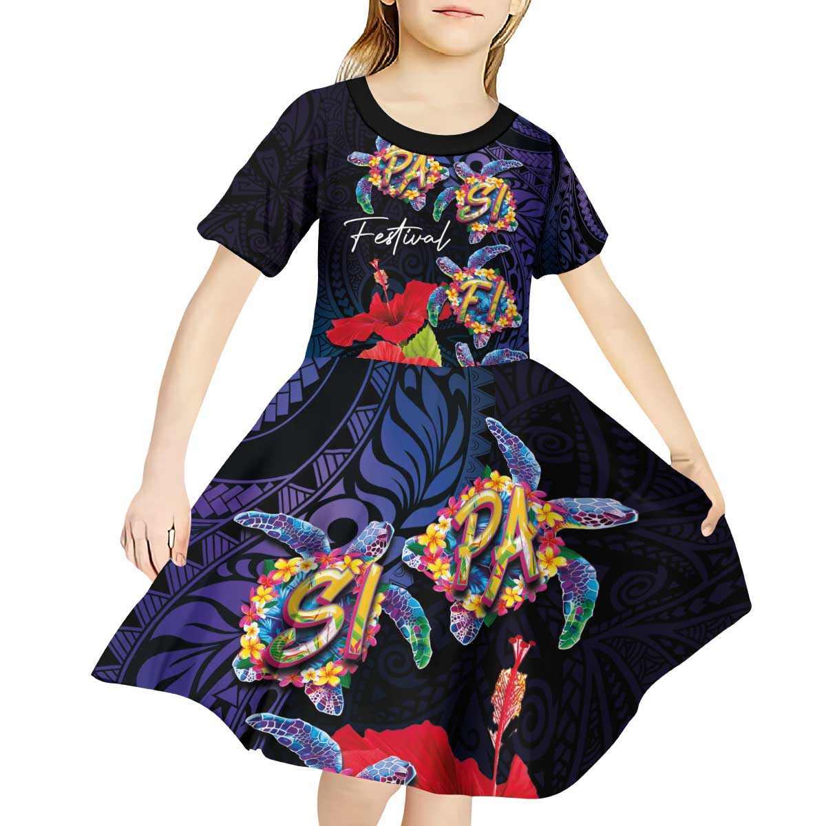 Pasifika Festival Kid Short Sleeve Dress Plumeria Turtles with Hibiscus - Polynesian Art Tattoo Dark Navy Color LT03 - Polynesian Pride