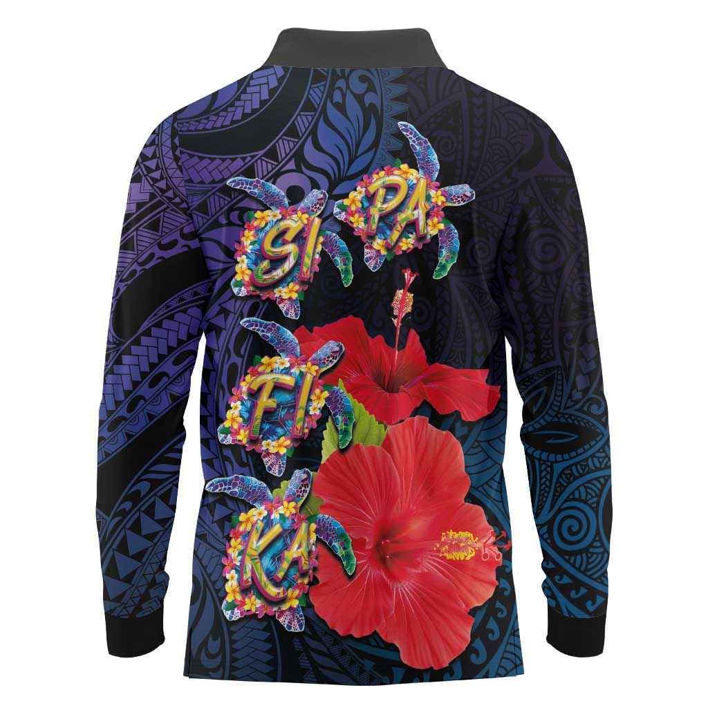 Pasifika Festival Long Sleeve Polo Shirt Plumeria Turtles with Hibiscus - Polynesian Art Tattoo Dark Navy Color LT03 - Polynesian Pride