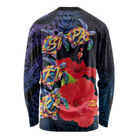 Pasifika Festival Long Sleeve Shirt Plumeria Turtles with Hibiscus - Polynesian Art Tattoo Dark Navy Color