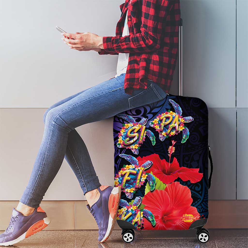 Pasifika Festival Luggage Cover Plumeria Turtles with Hibiscus - Polynesian Art Tattoo Dark Navy Color LT03 - Polynesian Pride