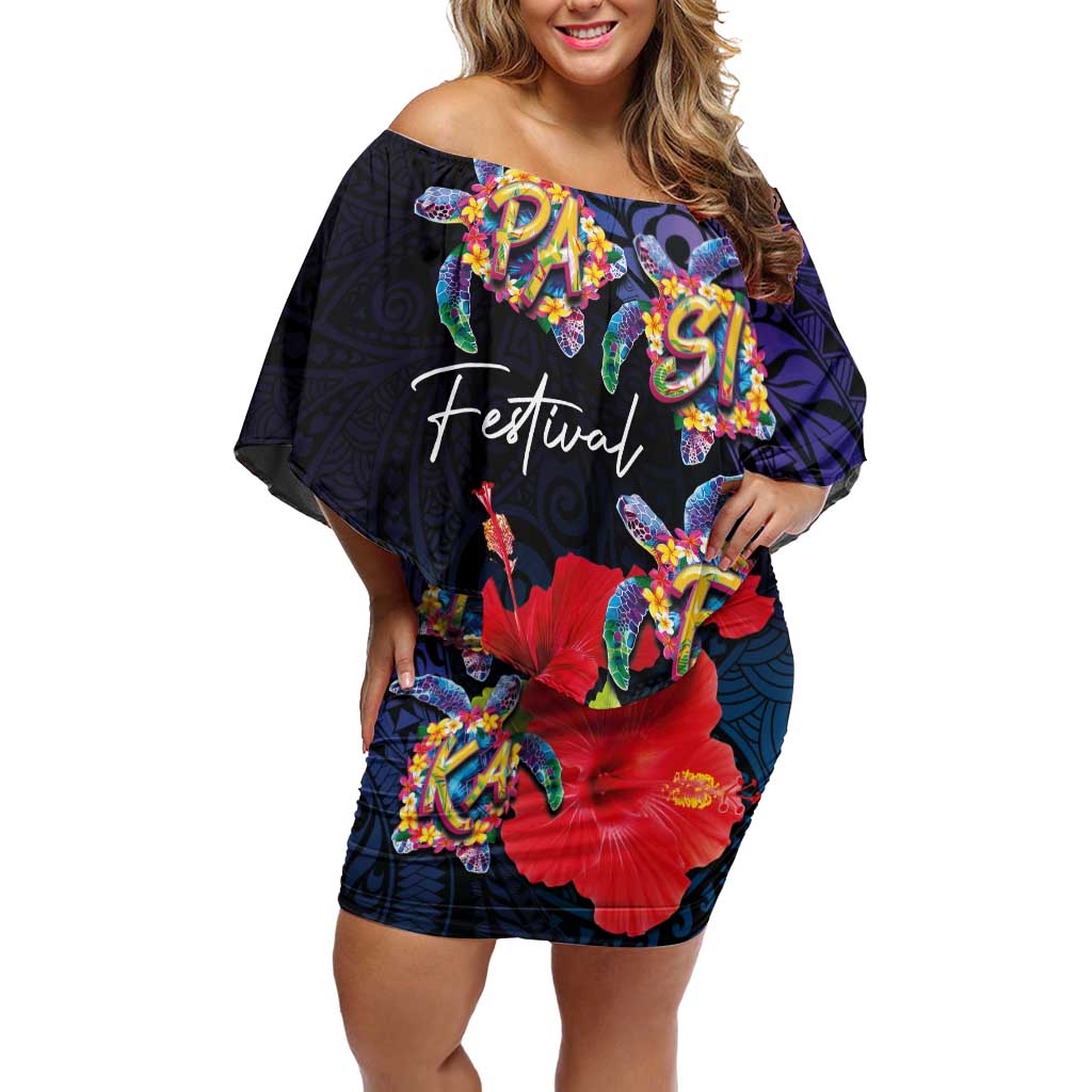 Pasifika Festival Off Shoulder Short Dress Plumeria Turtles with Hibiscus - Polynesian Art Tattoo Dark Navy Color