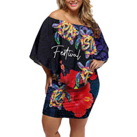 Pasifika Festival Off Shoulder Short Dress Plumeria Turtles with Hibiscus - Polynesian Art Tattoo Dark Navy Color LT03 Women Dark Navy - Polynesian Pride