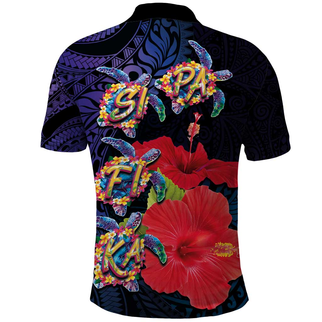 Pasifika Festival Polo Shirt Plumeria Turtles with Hibiscus - Polynesian Art Tattoo Dark Navy Color