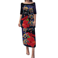 Pasifika Festival Puletasi Plumeria Turtles with Hibiscus - Polynesian Art Tattoo Dark Navy Color LT03 Long Dress Dark Navy - Polynesian Pride