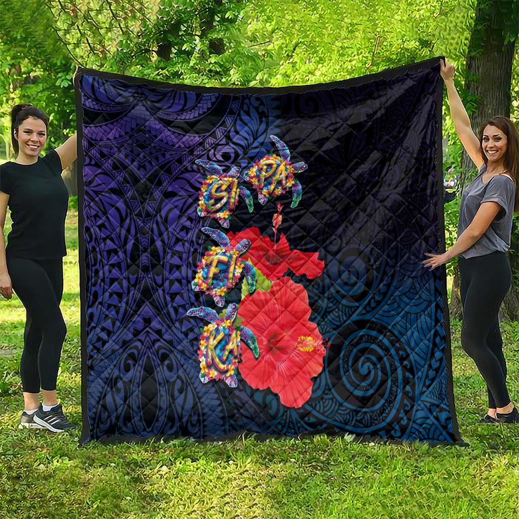 Pasifika Festival Quilt Plumeria Turtles with Hibiscus - Polynesian Art Tattoo Dark Navy Color LT03 - Polynesian Pride