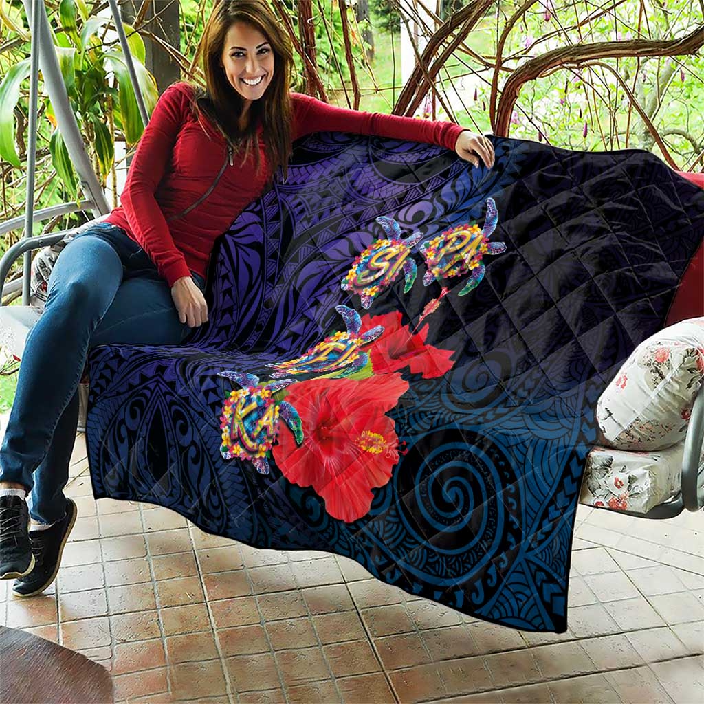 Pasifika Festival Quilt Plumeria Turtles with Hibiscus - Polynesian Art Tattoo Dark Navy Color LT03 - Polynesian Pride