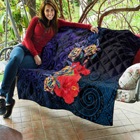 Pasifika Festival Quilt Plumeria Turtles with Hibiscus - Polynesian Art Tattoo Dark Navy Color LT03 - Polynesian Pride
