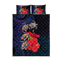 Pasifika Festival Quilt Bed Set Plumeria Turtles with Hibiscus - Polynesian Art Tattoo Dark Navy Color LT03 - Polynesian Pride