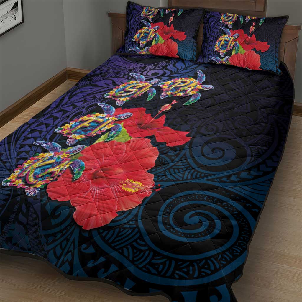 Pasifika Festival Quilt Bed Set Plumeria Turtles with Hibiscus - Polynesian Art Tattoo Dark Navy Color LT03 - Polynesian Pride