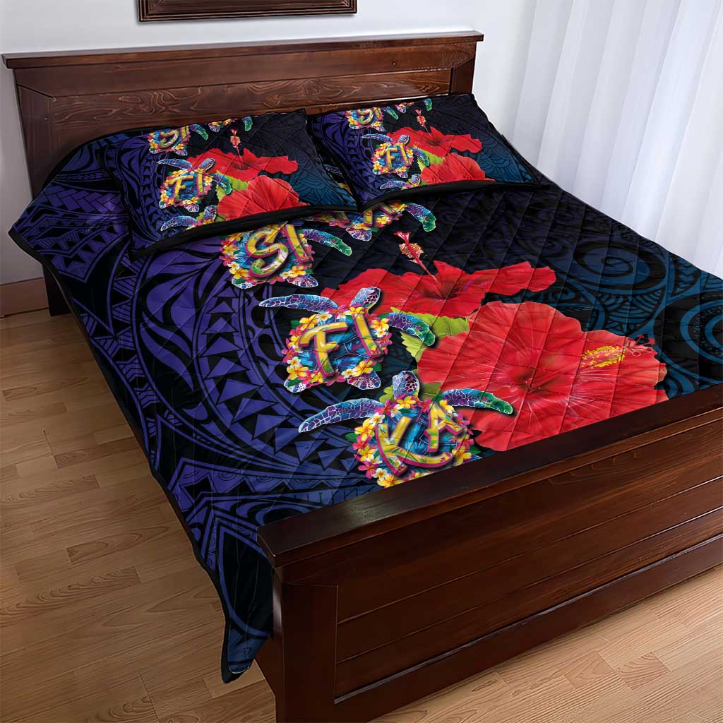 Pasifika Festival Quilt Bed Set Plumeria Turtles with Hibiscus - Polynesian Art Tattoo Dark Navy Color LT03 - Polynesian Pride