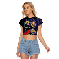 Pasifika Festival Raglan Cropped T Shirt Plumeria Turtles with Hibiscus - Polynesian Art Tattoo Dark Navy Color LT03 Female Dark Navy - Polynesian Pride