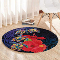 Pasifika Festival Round Carpet Plumeria Turtles with Hibiscus - Polynesian Art Tattoo Dark Navy Color
