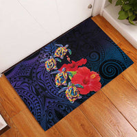 Pasifika Festival Rubber Doormat Plumeria Turtles with Hibiscus - Polynesian Art Tattoo Dark Navy Color LT03 - Polynesian Pride
