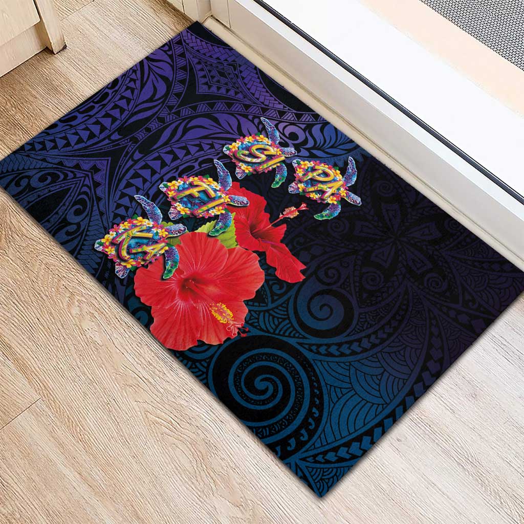 Pasifika Festival Rubber Doormat Plumeria Turtles with Hibiscus - Polynesian Art Tattoo Dark Navy Color LT03 - Polynesian Pride