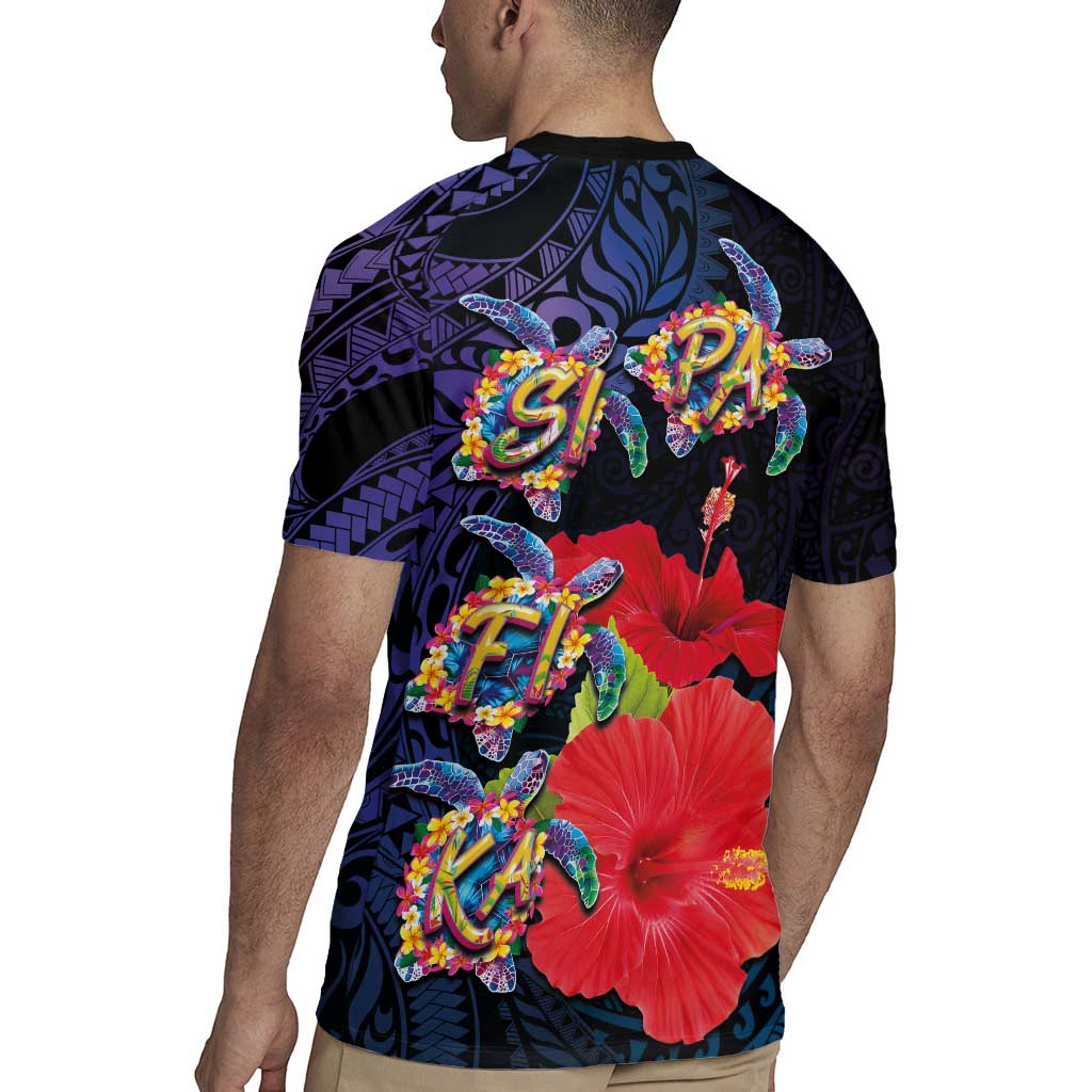 Pasifika Festival Rugby Jersey Plumeria Turtles with Hibiscus - Polynesian Art Tattoo Dark Navy Color