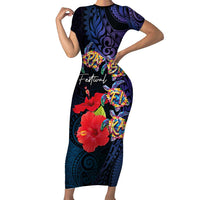 Pasifika Festival Short Sleeve Bodycon Dress Plumeria Turtles with Hibiscus - Polynesian Art Tattoo Dark Navy Color LT03 Long Dress Dark Navy - Polynesian Pride