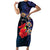 Pasifika Festival Short Sleeve Bodycon Dress Plumeria Turtles with Hibiscus - Polynesian Art Tattoo Dark Navy Color