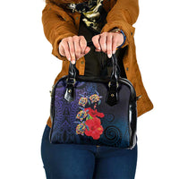 Pasifika Festival Shoulder Handbag Plumeria Turtles with Hibiscus - Polynesian Art Tattoo Dark Navy Color