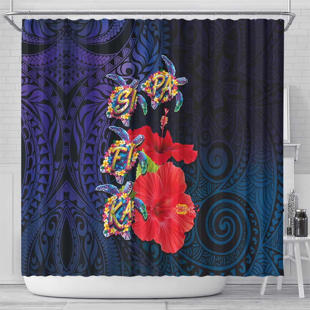 Pasifika Festival Shower Curtain Plumeria Turtles with Hibiscus - Polynesian Art Tattoo Dark Navy Color