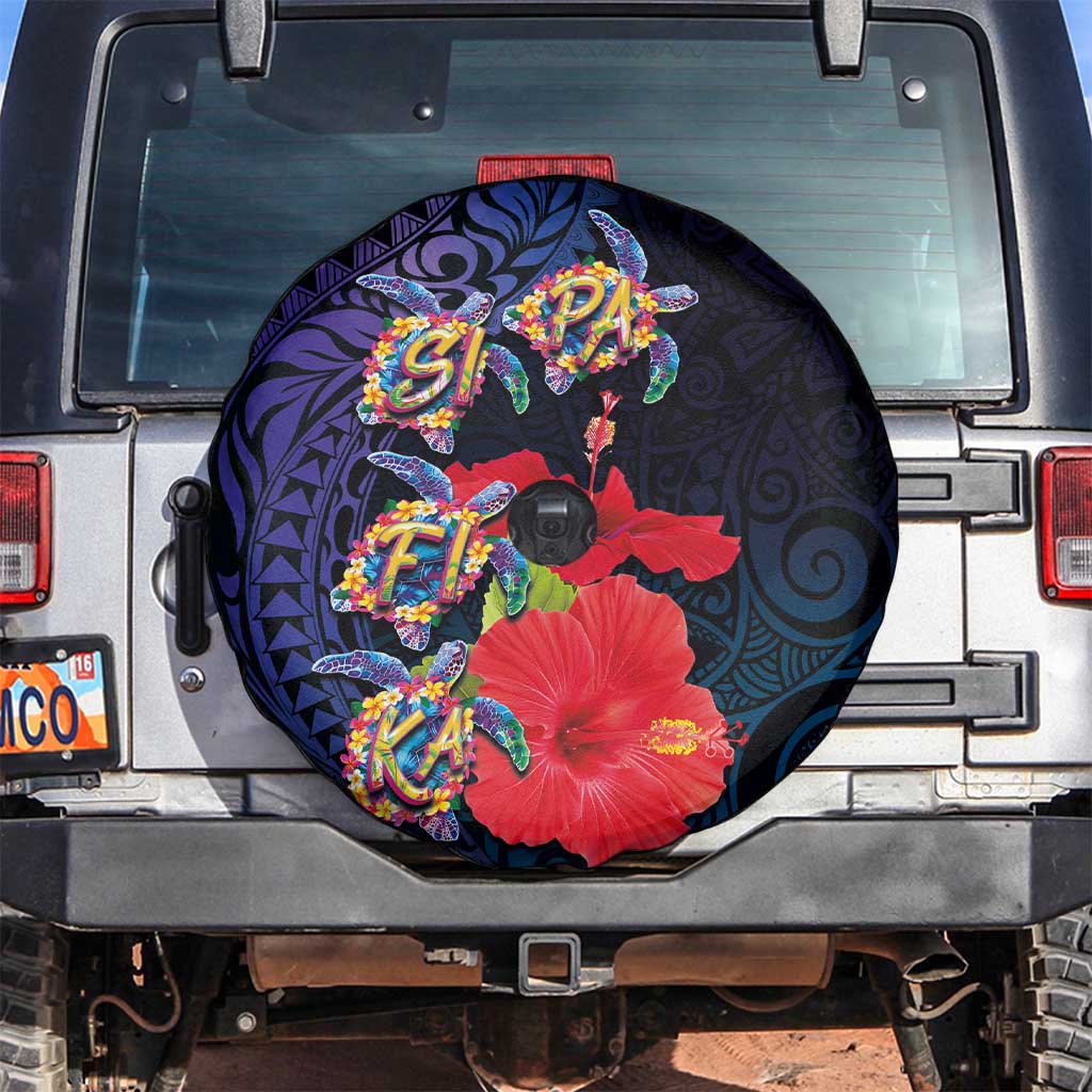 Pasifika Festival Spare Tire Cover Plumeria Turtles with Hibiscus - Polynesian Art Tattoo Dark Navy Color