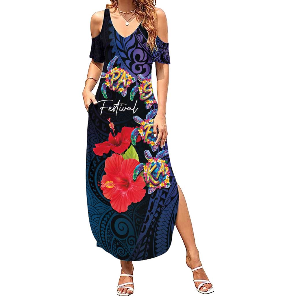 Pasifika Festival Summer Maxi Dress Plumeria Turtles with Hibiscus - Polynesian Art Tattoo Dark Navy Color LT03 Women Dark Navy - Polynesian Pride