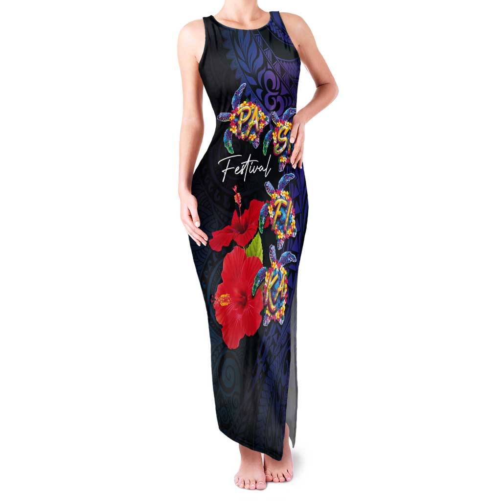 Pasifika Festival Tank Maxi Dress Plumeria Turtles with Hibiscus - Polynesian Art Tattoo Dark Navy Color LT03 Women Dark Navy - Polynesian Pride