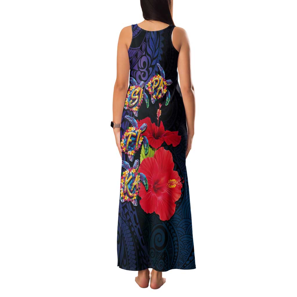 Pasifika Festival Tank Maxi Dress Plumeria Turtles with Hibiscus - Polynesian Art Tattoo Dark Navy Color LT03 - Polynesian Pride