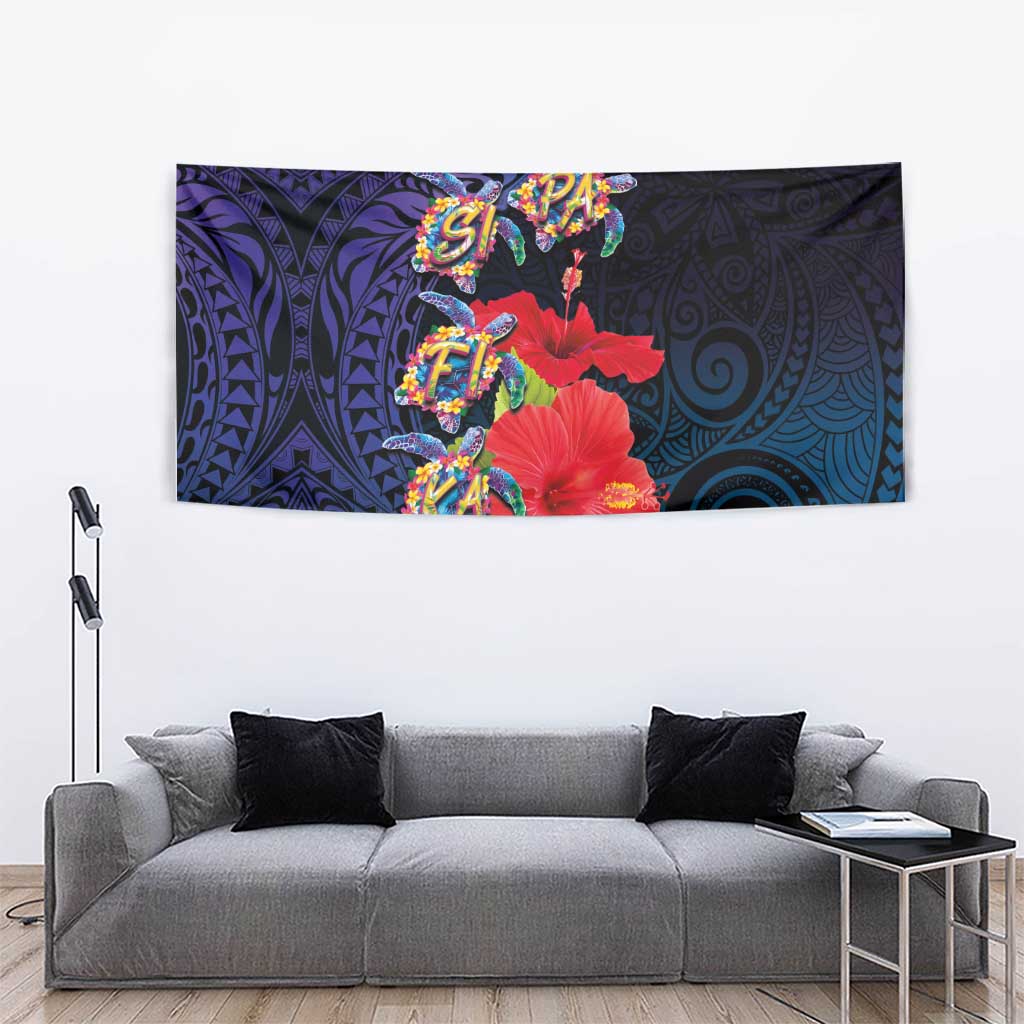 Pasifika Festival Tapestry Plumeria Turtles with Hibiscus - Polynesian Art Tattoo Dark Navy Color