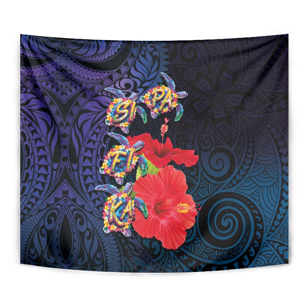 Pasifika Festival Tapestry Plumeria Turtles with Hibiscus - Polynesian Art Tattoo Dark Navy Color