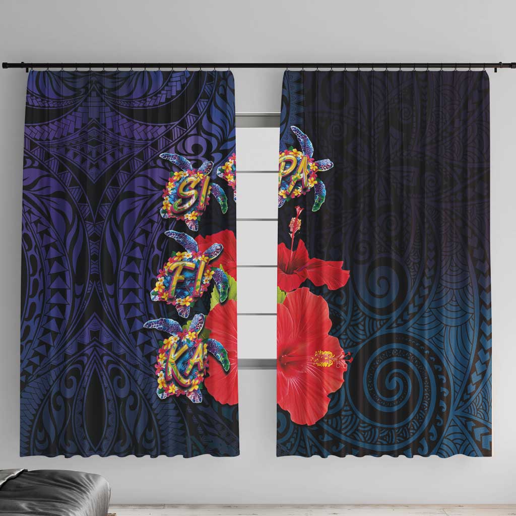 Pasifika Festival Window Curtain Plumeria Turtles with Hibiscus - Polynesian Art Tattoo Dark Navy Color