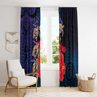 Pasifika Festival Window Curtain Plumeria Turtles with Hibiscus - Polynesian Art Tattoo Dark Navy Color