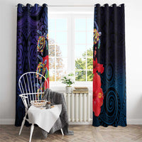 Pasifika Festival Window Curtain Plumeria Turtles with Hibiscus - Polynesian Art Tattoo Dark Navy Color